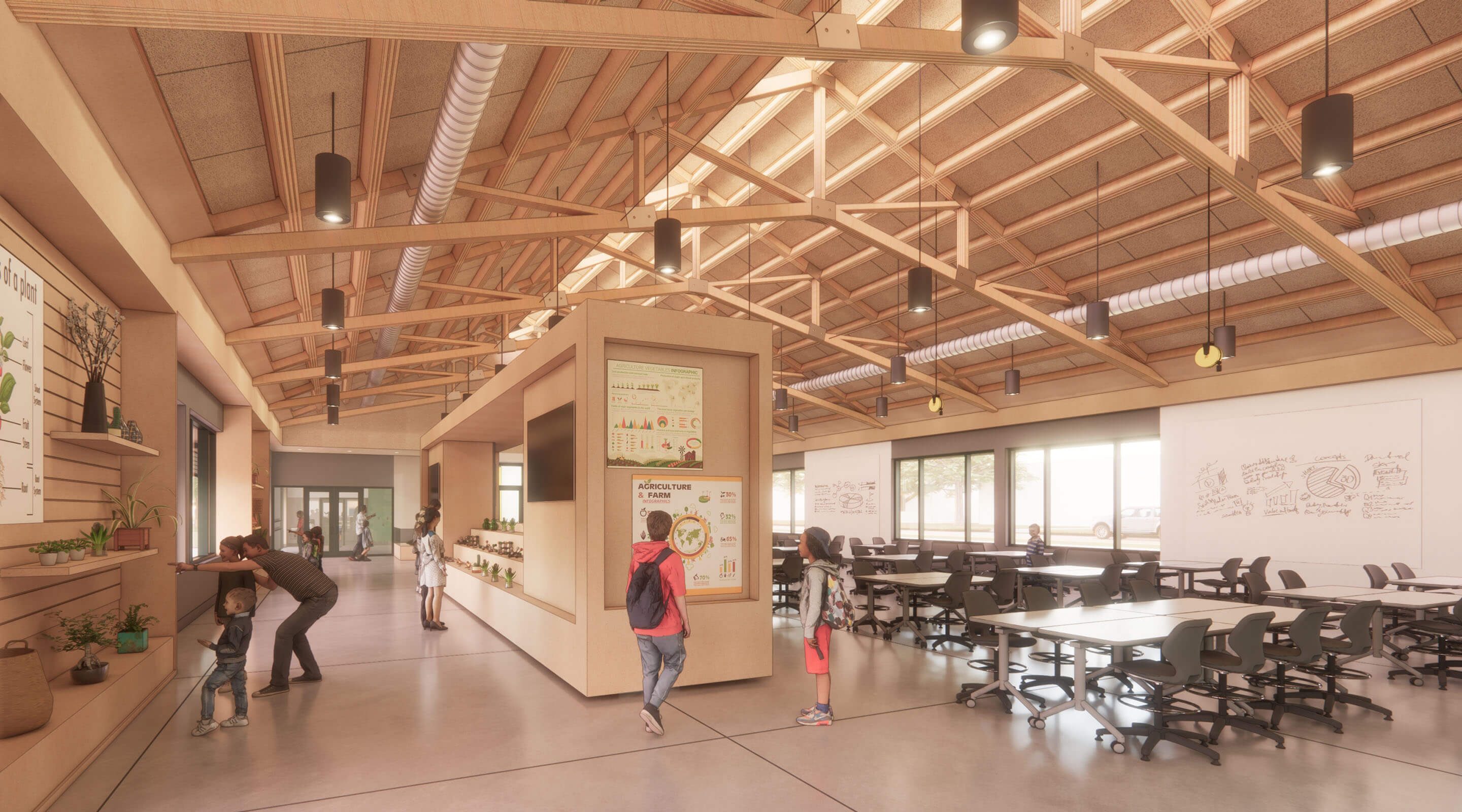 Spacious classroom with wooden beams, desks, and educational displays.