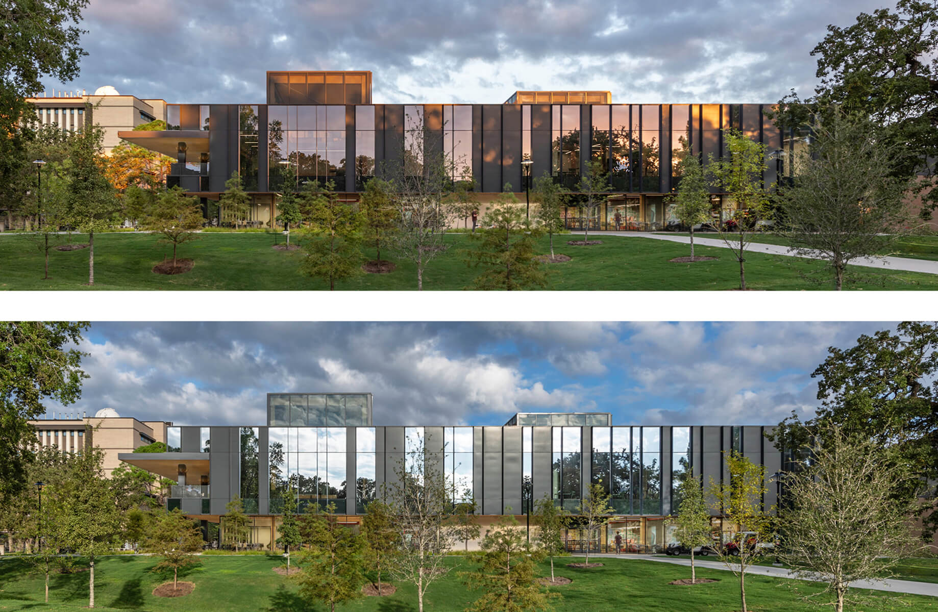 Modern building with glass facade reflecting sunset, surrounded by green trees and cloudy sky.
