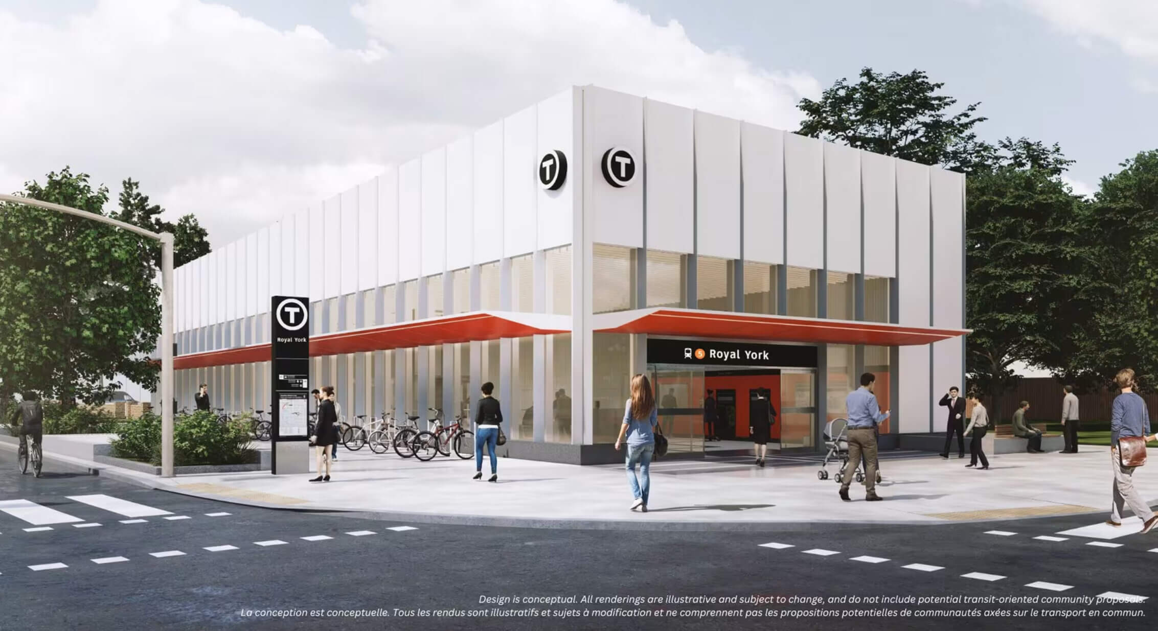 Transit station entrance with modern design and people walking outside. Text below states that all designs are conceptual and subject to change.