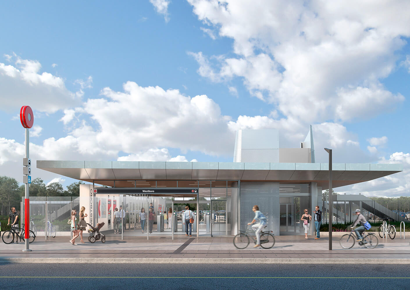 Modern transit station with cyclists and pedestrians under a blue sky.