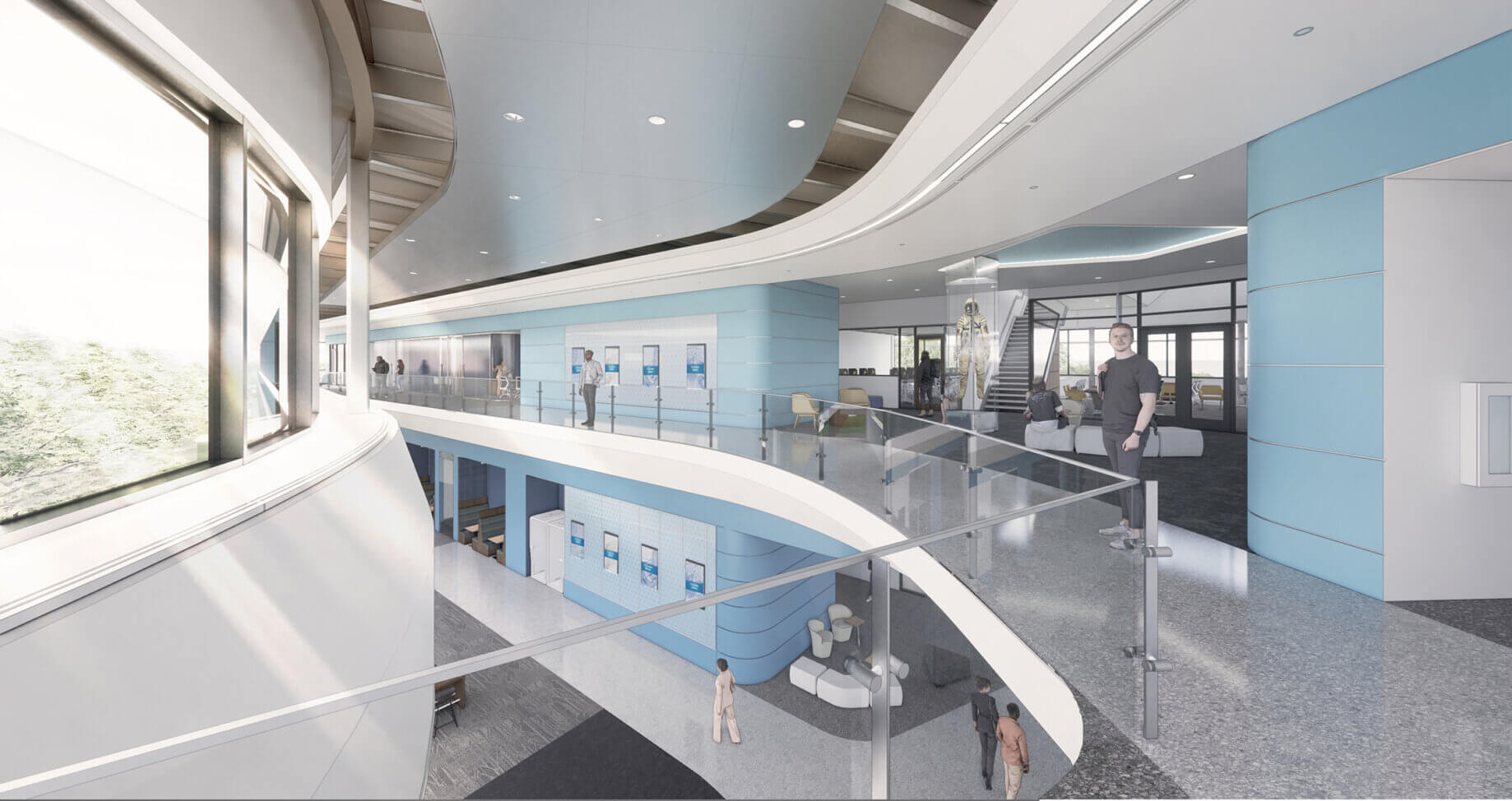 Modern college of engineering interior with open spaces, glass railings, and blue accents. People interacting in a bright, airy design.