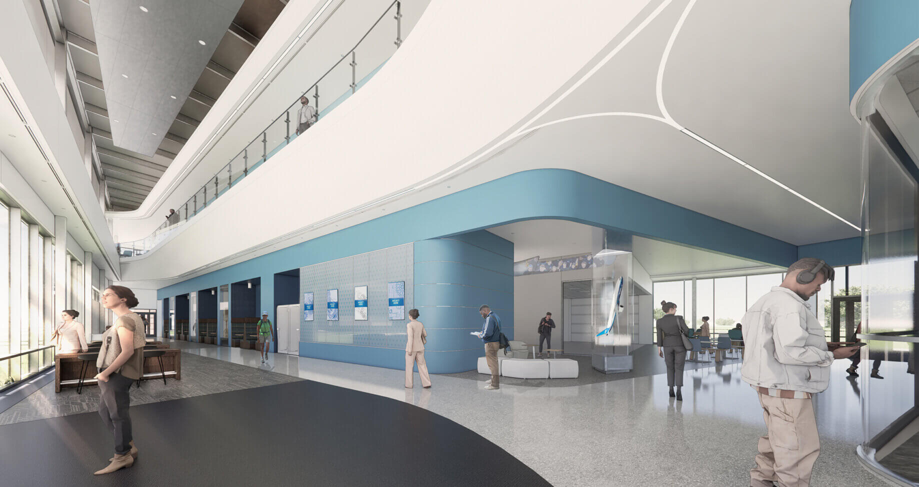 Modern lobby with people walking and interacting, featuring high ceilings and natural lighting.