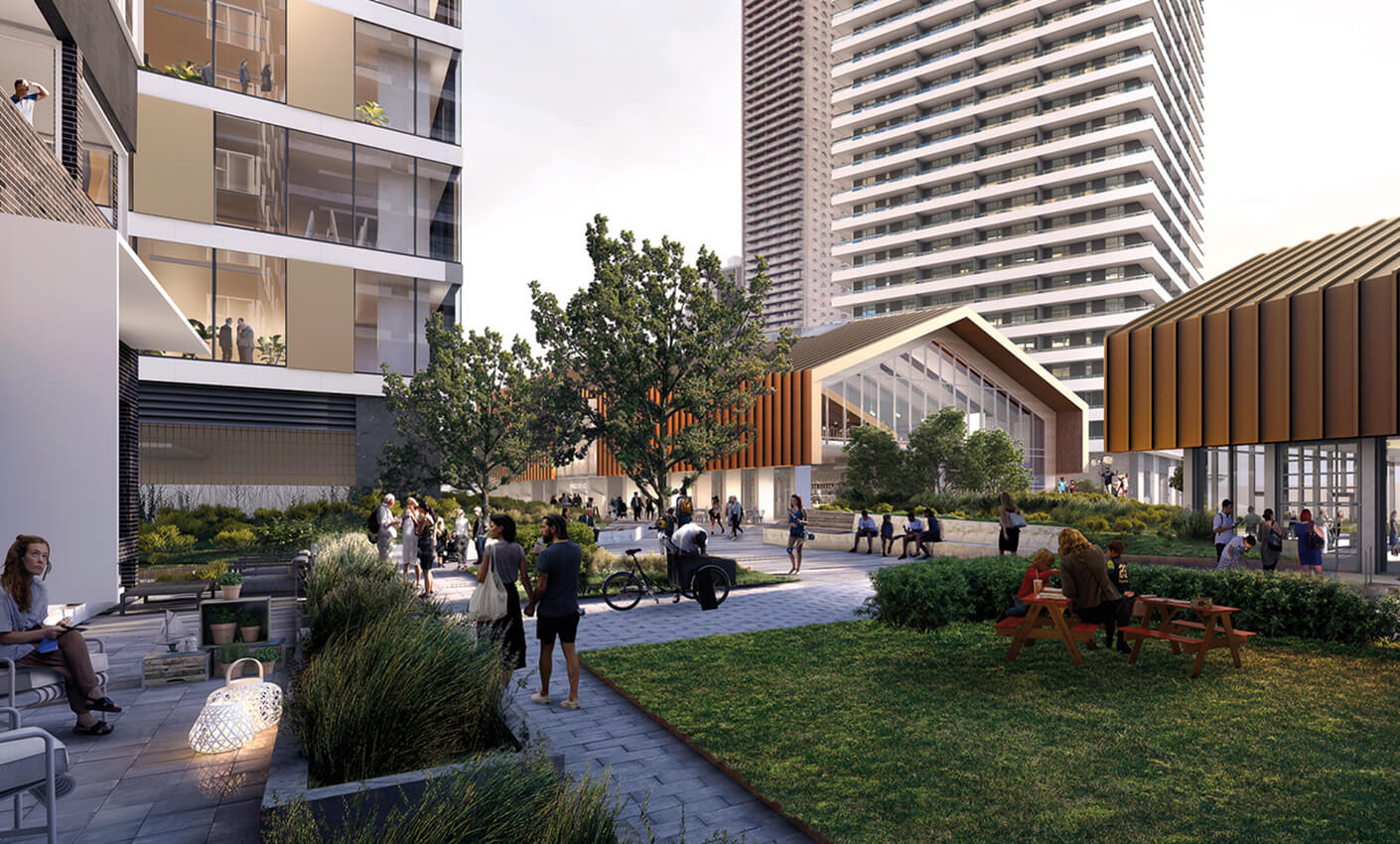 Modern urban courtyard with people relaxing, tall buildings, and greenery, featuring benches and outdoor seating areas.