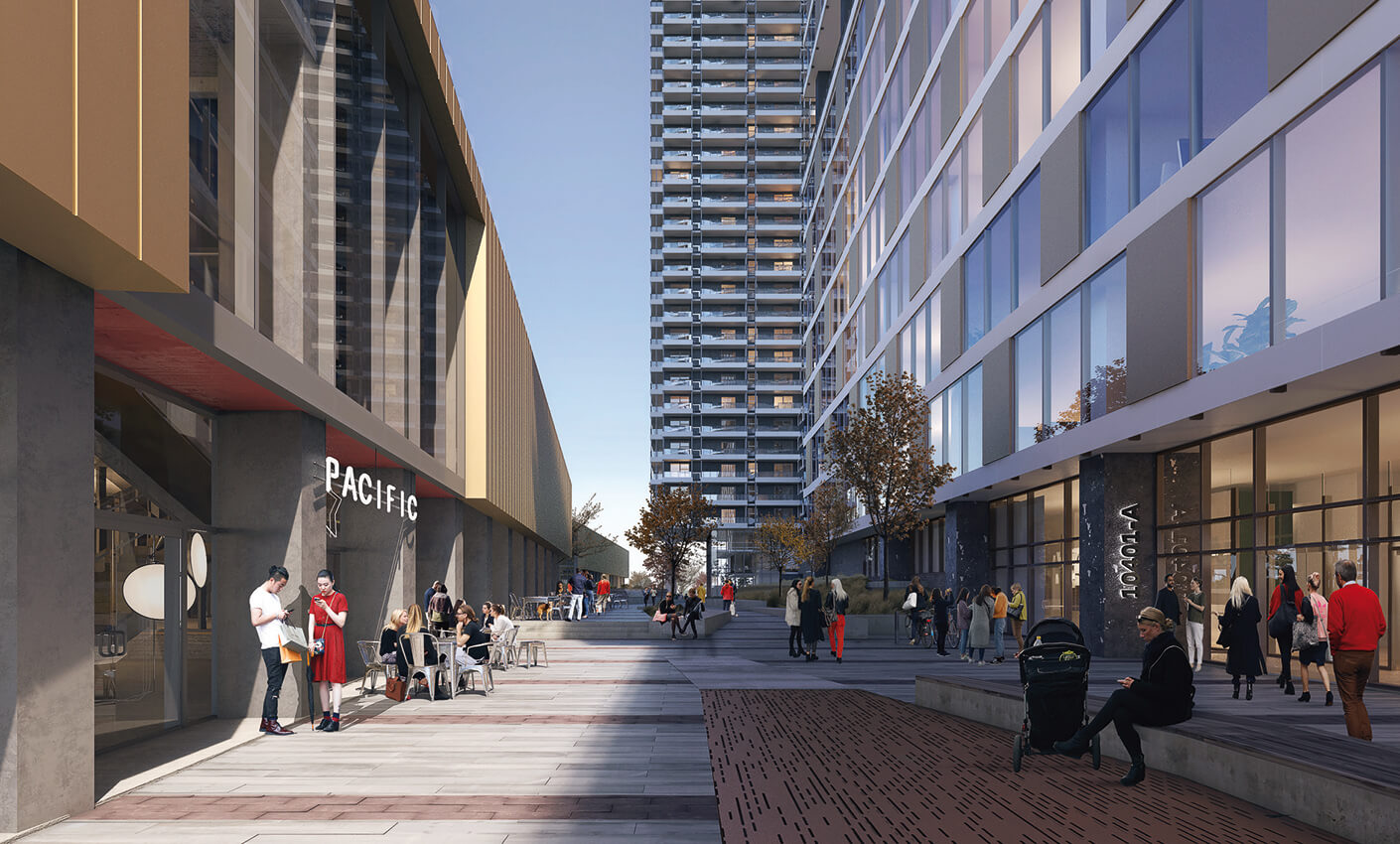 Modern urban plaza with people socializing, tall buildings, trees, and outdoor seating under clear skies.