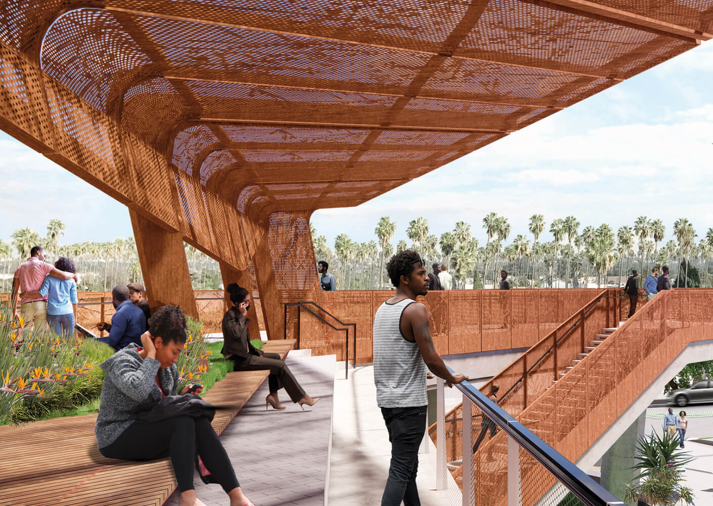 People enjoying a modern urban terrace with rust-colored mesh canopy and palm trees in the background.