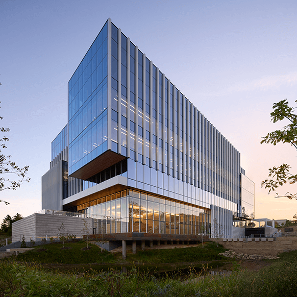 Modern glass building at sunset with reflective windows and lush landscaping.