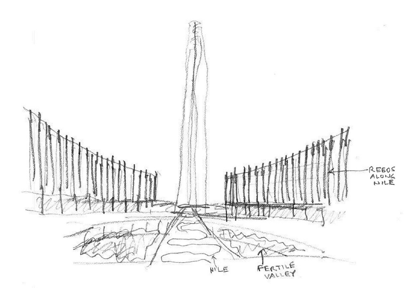Sketch of high-rise tower with smaller buildings on either side