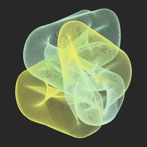 Abstract digital 3D art with intertwining yellow and green mesh on a dark background. 