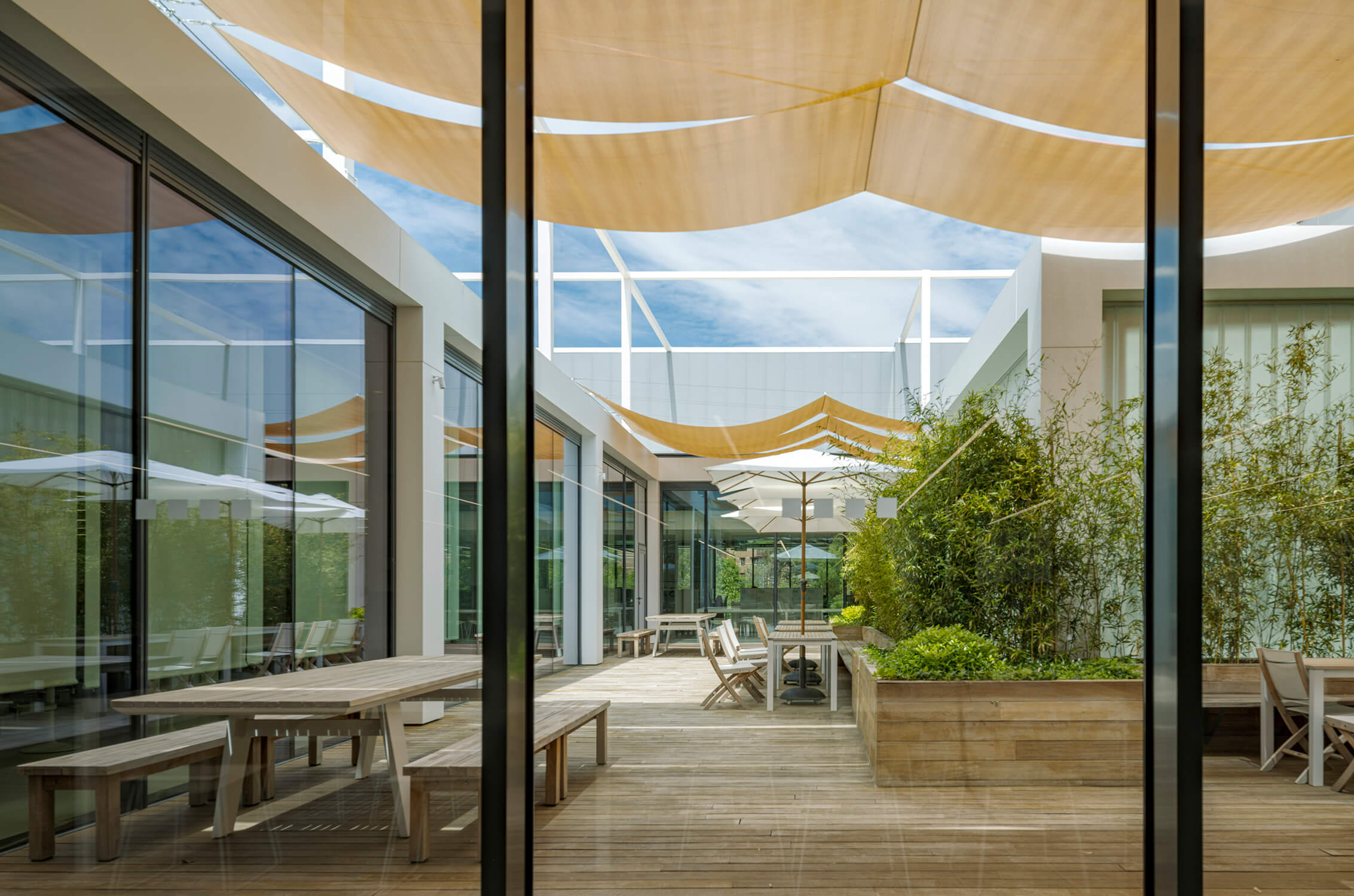 Modern patio design with shade sails and greenery.