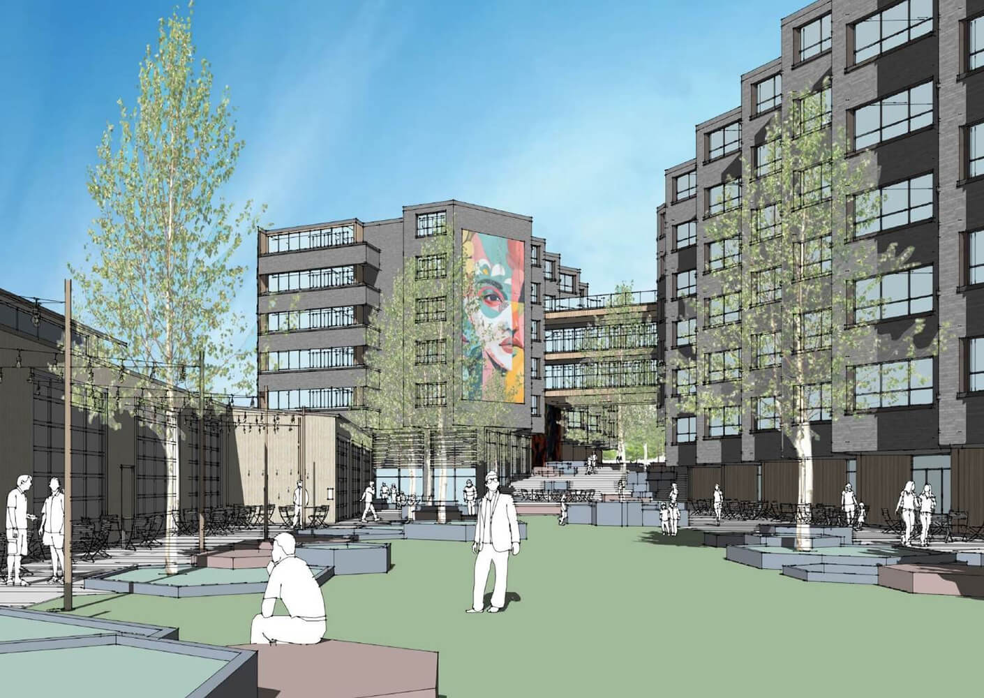 Modern urban plaza with trees, art mural, and people walking and sitting.