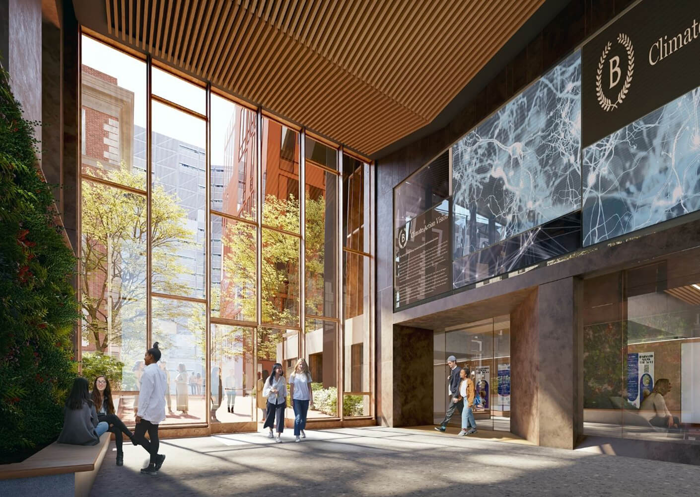 Modern lobby with large windows, natural light, and people walking and interacting.