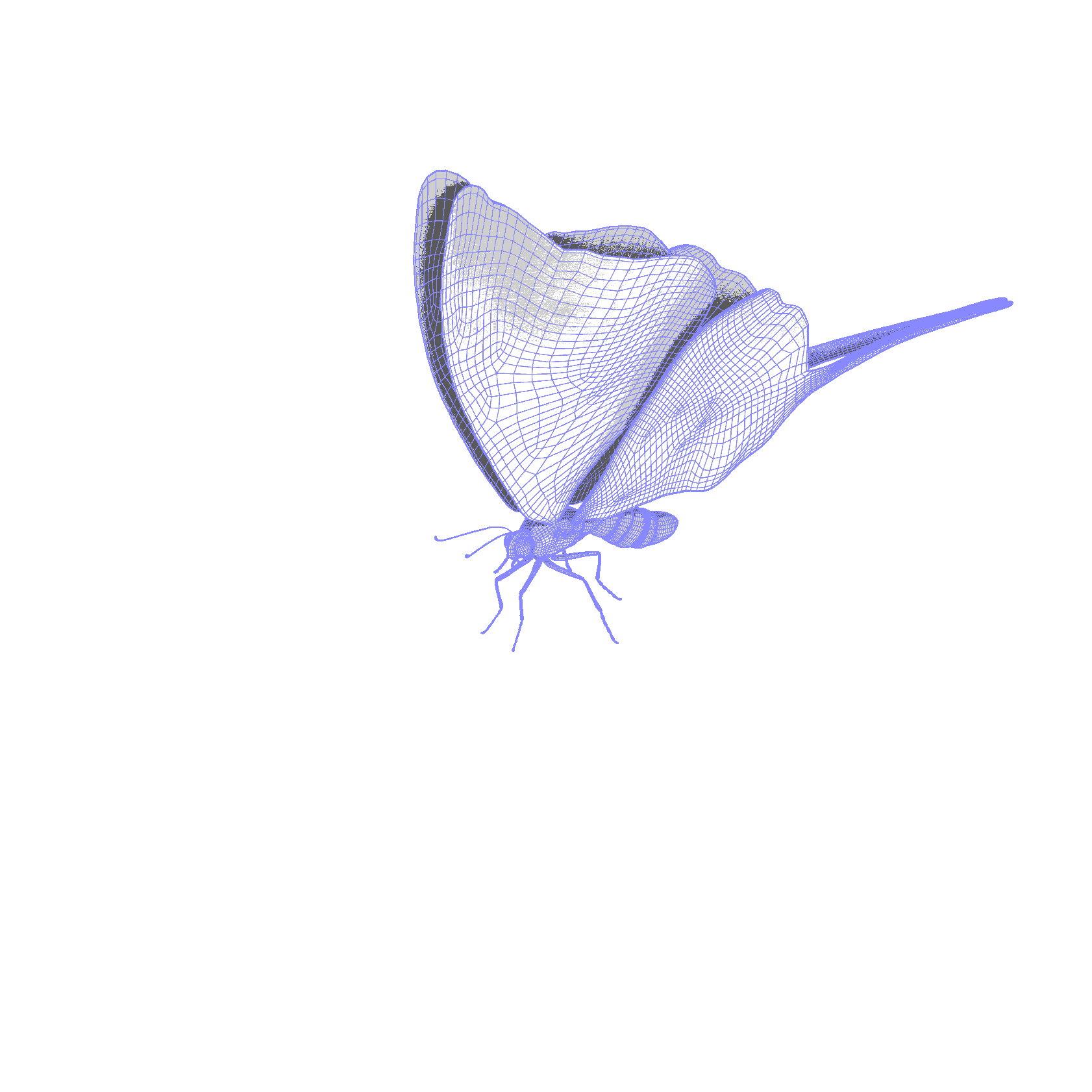 3D wireframe model of a butterfly on a white background.