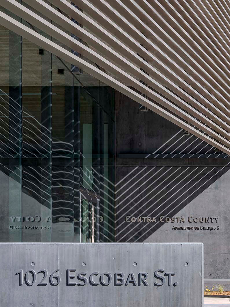 Modern architecture of Contra Costa County building, 1026 Escobar St., with unique design.