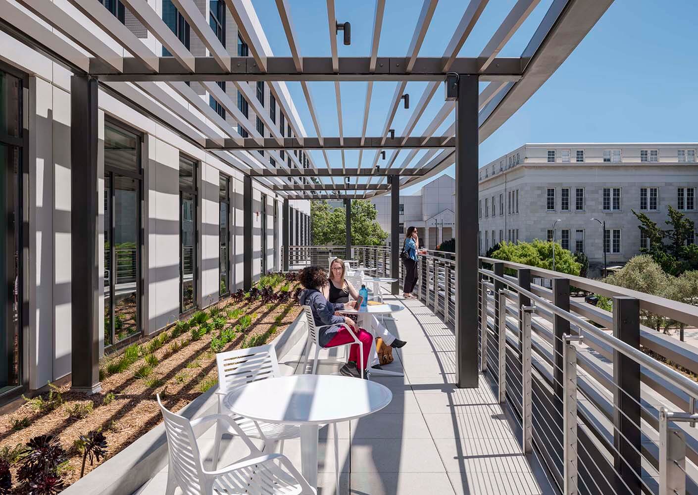Covered terrace with people enjoying a sunny day.