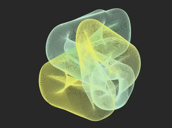 Abstract 3D wireframe in yellow and green hues on black background.