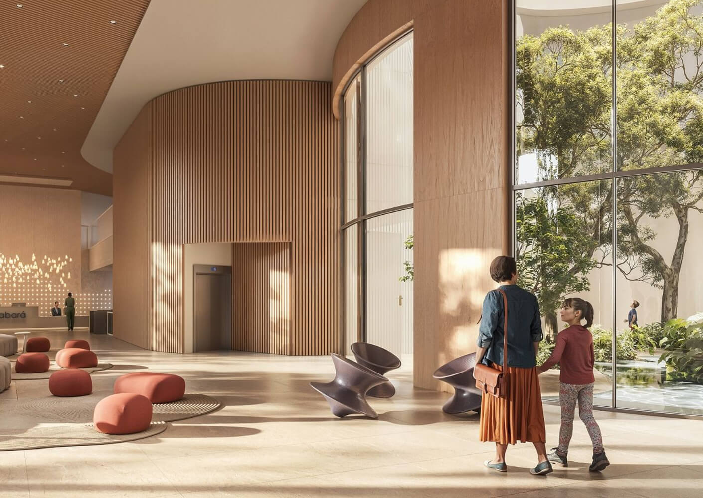 Modern lobby with people, natural light, and stylish furniture.