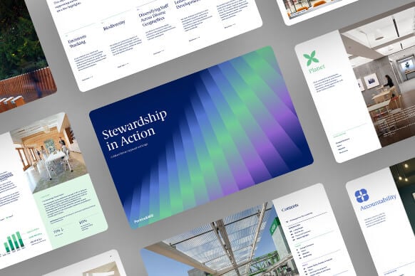Collage of annual report with Stewardship in Action theme and colorful design elements.