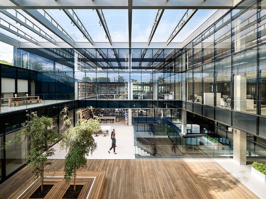 Modern glass atrium with greenery in a spacious office building.