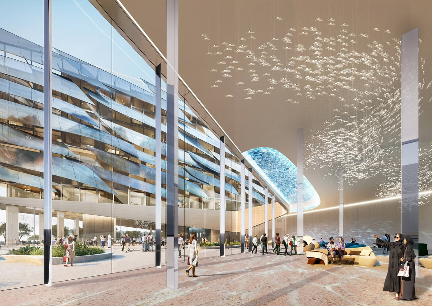 Modern architectural design with glass facade and interior lighting display.