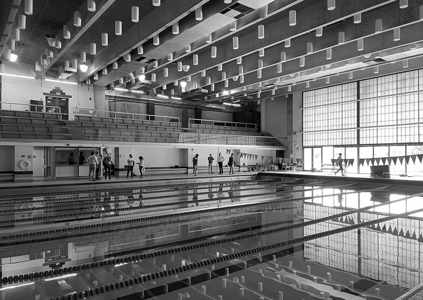 Existing conditions of Indoor swimming pool of college athletic center.