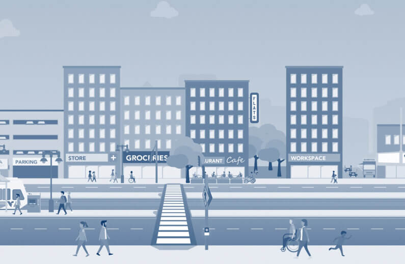 Illustration of a bustling urban street with shops and pedestrians.