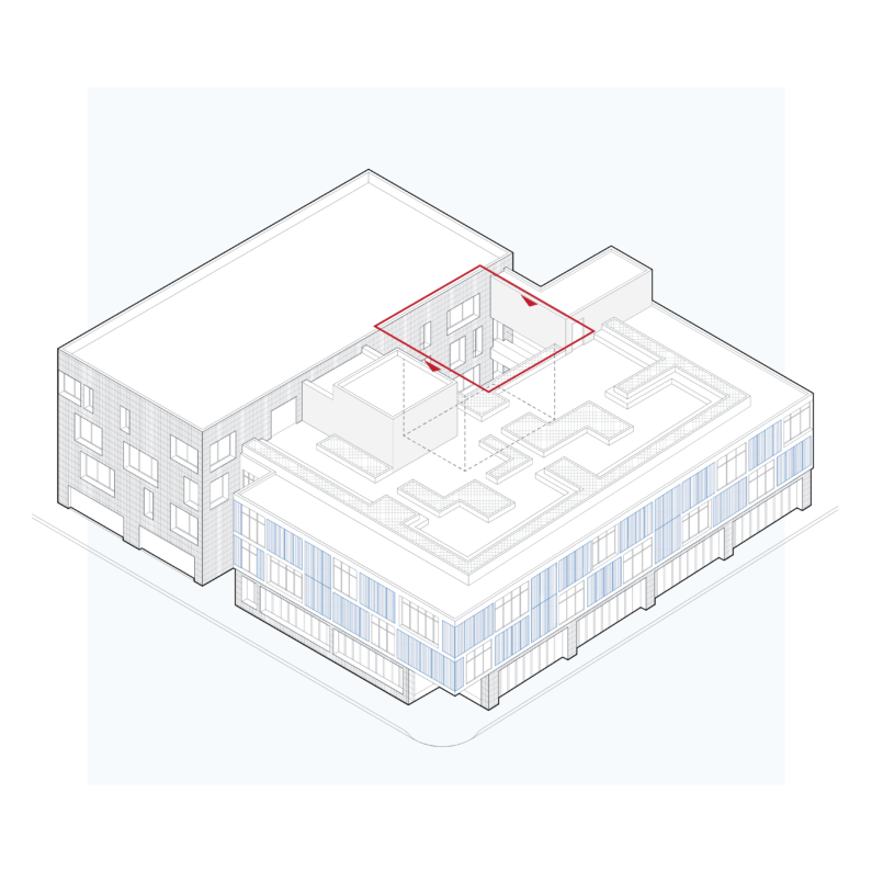 Isometric architectural drawing of a building with highlighted roof section.