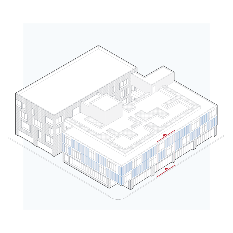 Isometric building diagram with detailed structural layout.
