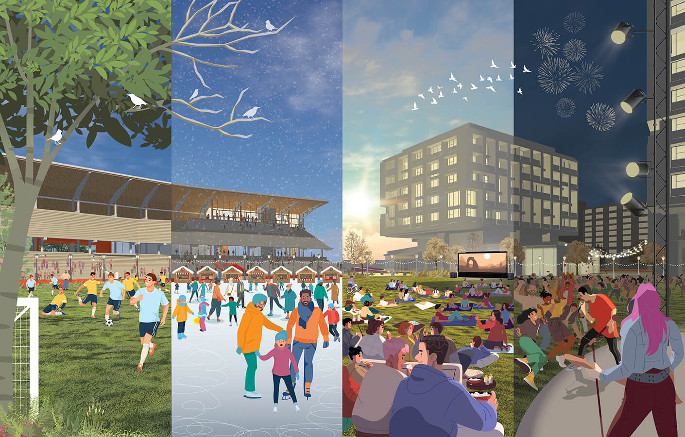 Vibrant community activities throughout the seasons: sports, skating, picnics, concerts.