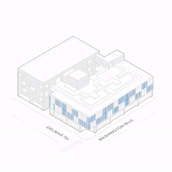 Isometric architectural rendering of a corner building on Washington Blvd and Delmas Ter.