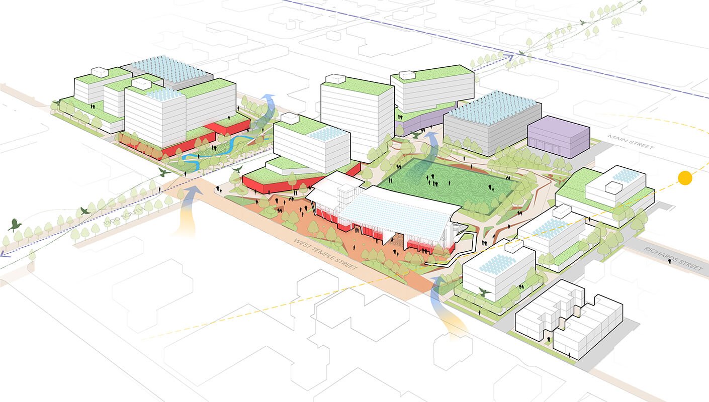 Architectural site plan with urban buildings and green spaces.