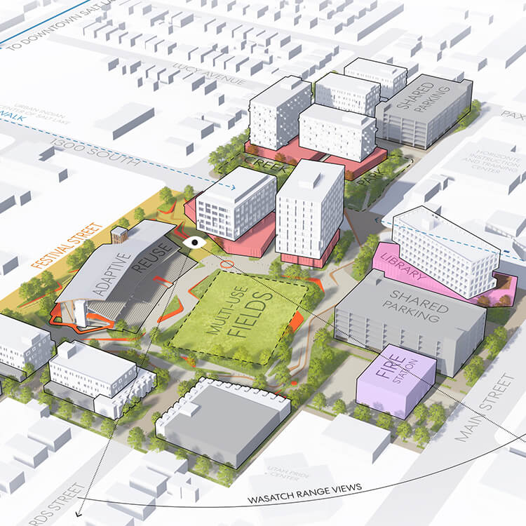 3D urban design concept with buildings, green spaces, and labels for future development.
