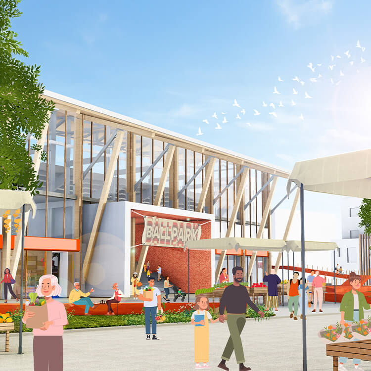 Modern ballpark exterior with people strolling under a clear blue sky.