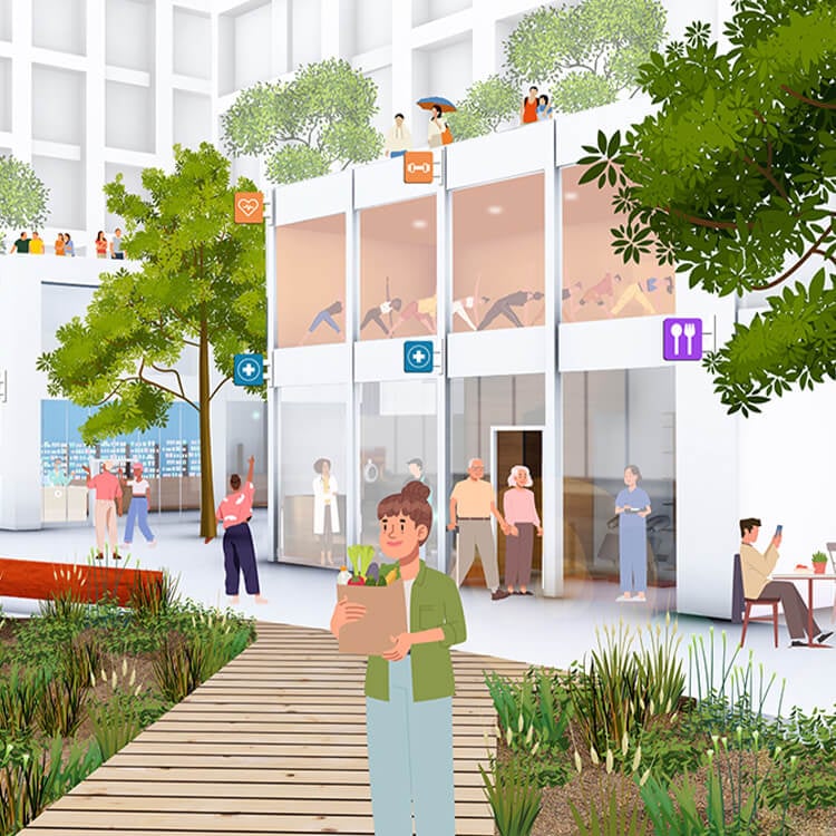 Modern community space with people, greenery, and multi-use buildings.