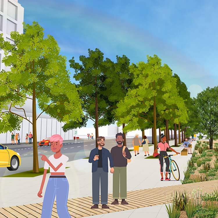 People enjoying a tree-lined urban park with a cyclist and pedestrians.