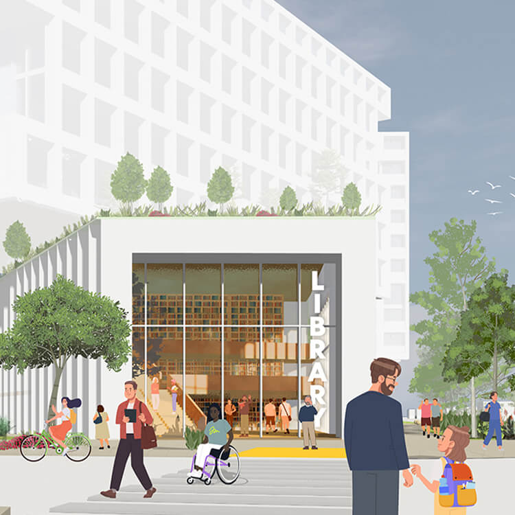 Modern library entrance with diverse people, greenery, and cityscape.