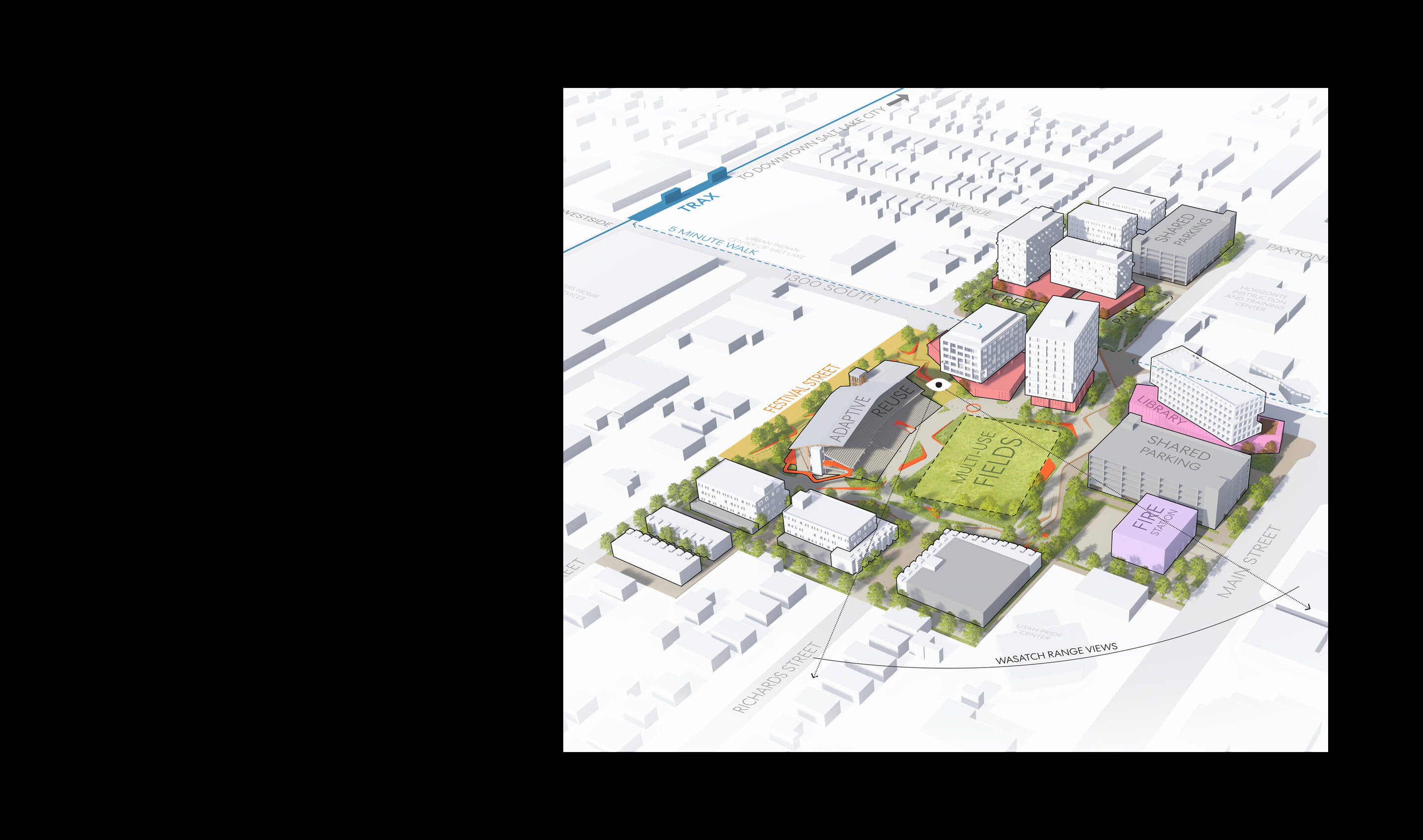 Architectural site plan with buildings, green space, and labeled features including parking and library.
