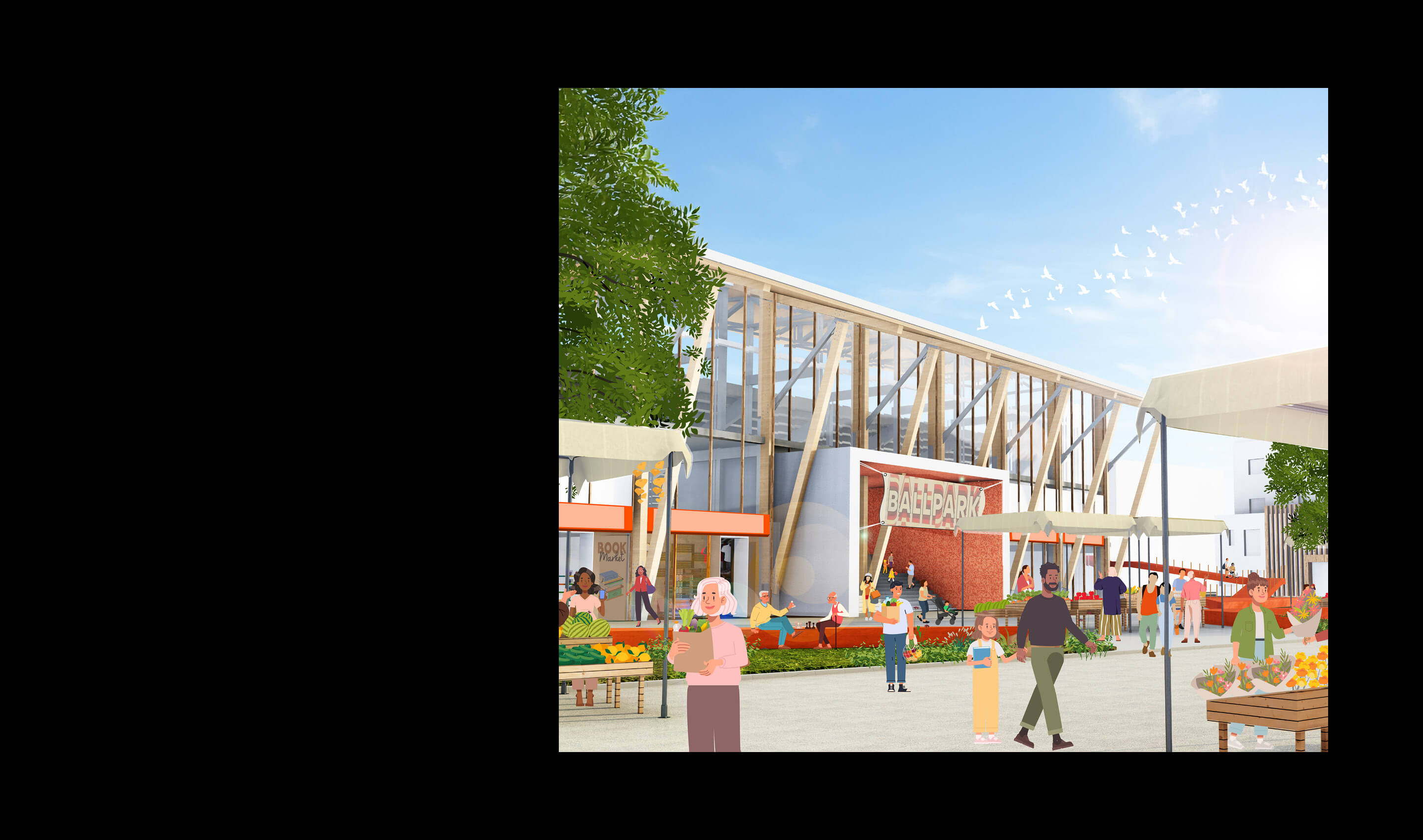 Outdoor market scene with people shopping, modern building, and trees against a clear blue sky.