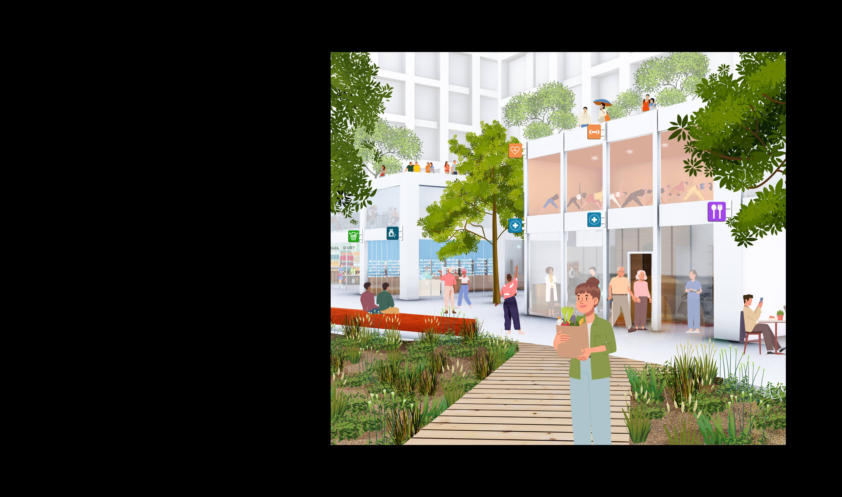 Modern urban courtyard with people, greenery, shops, and seating area for relaxation.