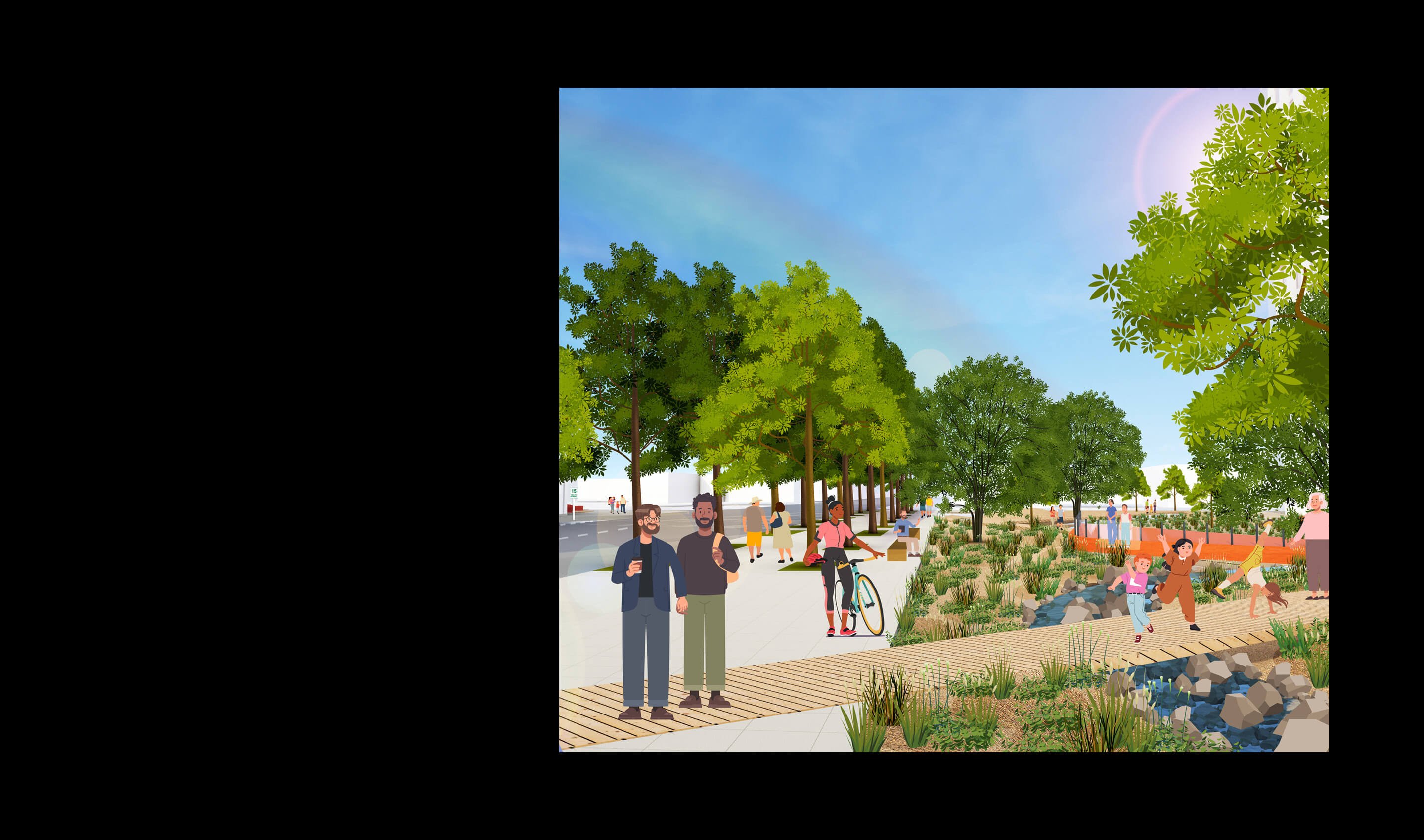 Illustration of a vibrant park with diverse people enjoying nature and paths.