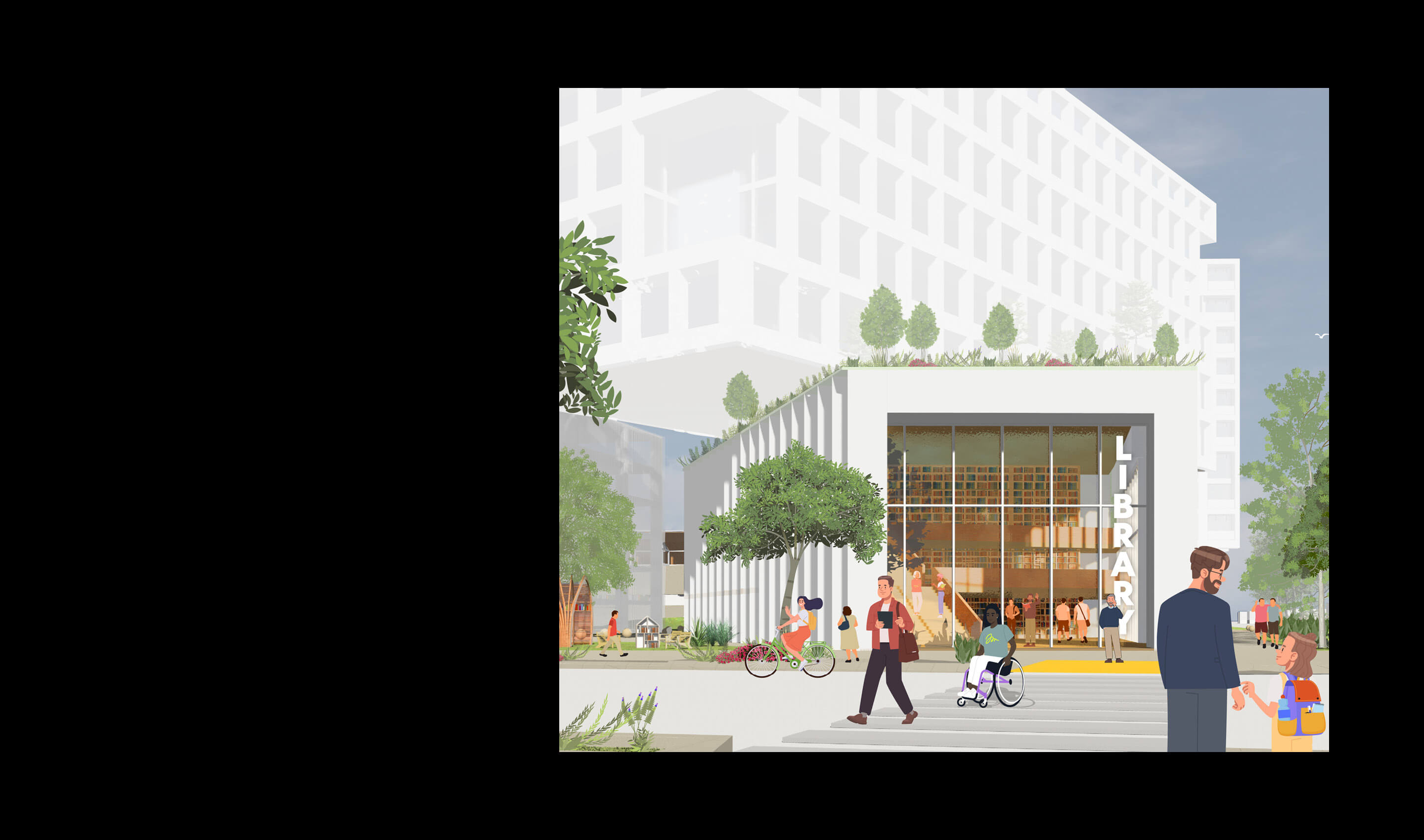 Modern library entrance with diverse visitors and green landscaping.