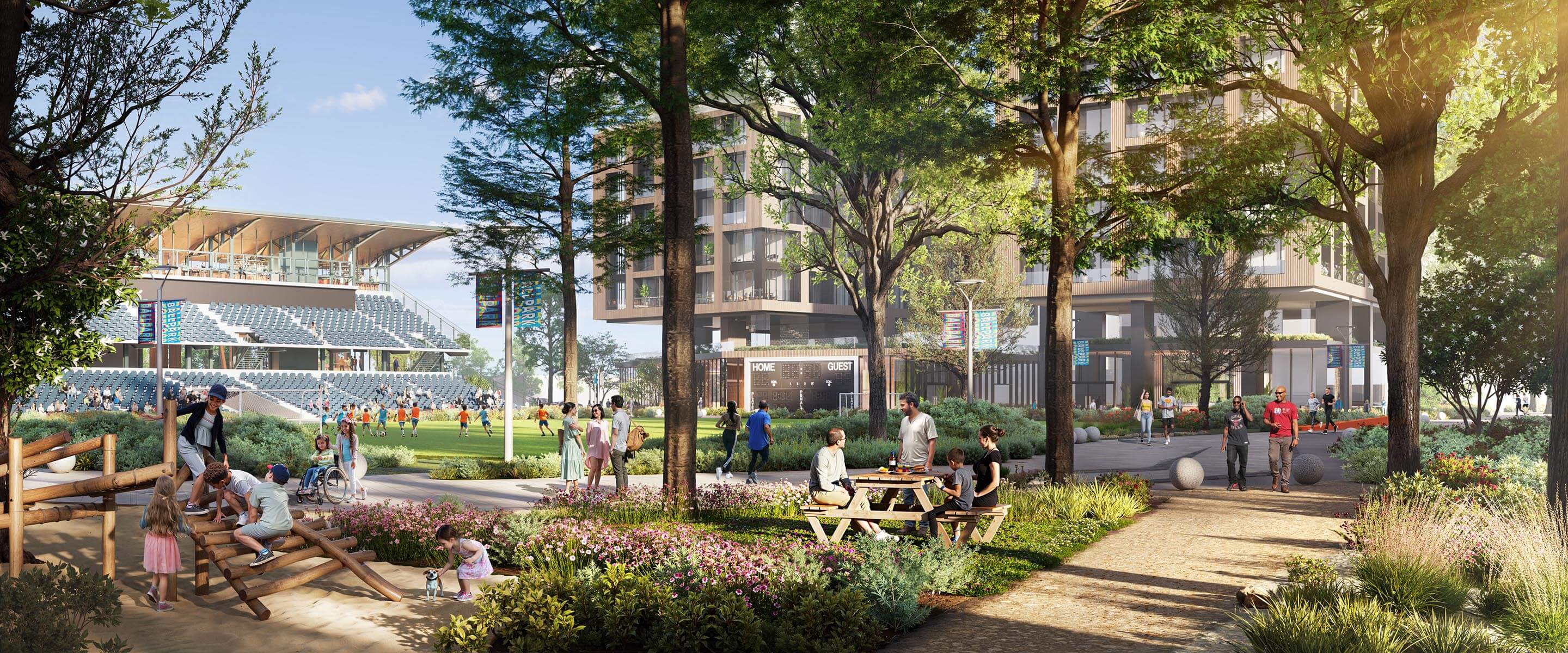 Modern park with stadium, people enjoying outdoor activities and relaxing in greenery.