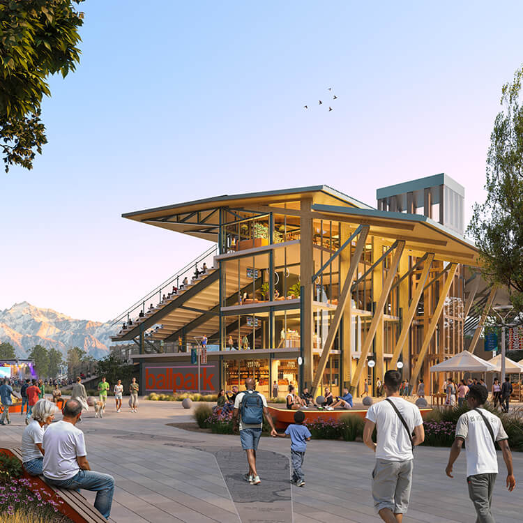 Modern architectural building with people walking and socializing in a vibrant outdoor space.