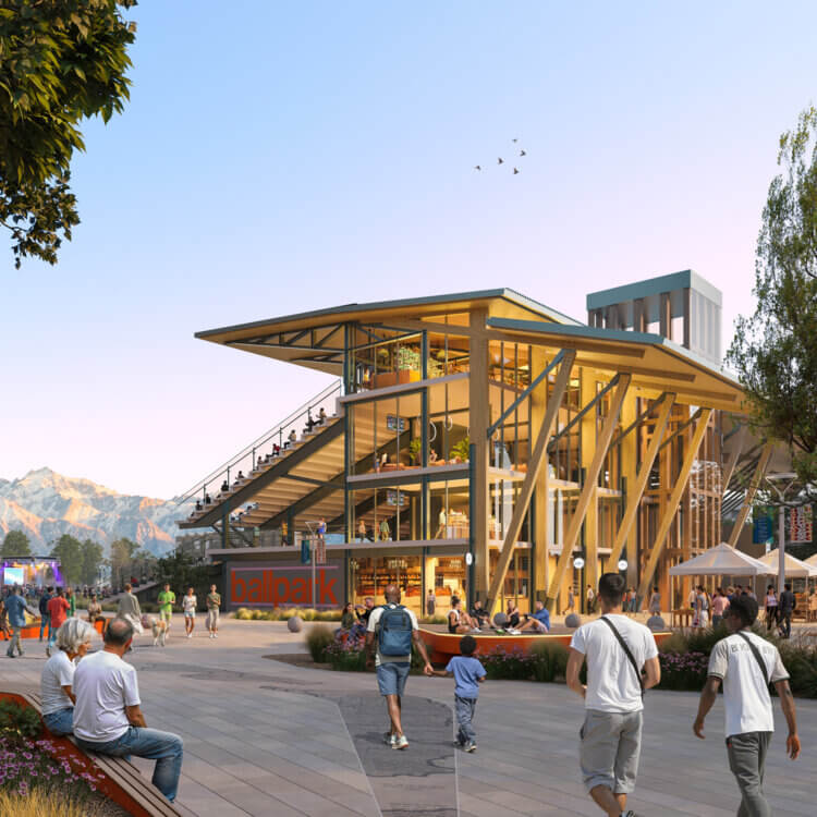 Modern building with wooden architecture and people walking in a plaza.