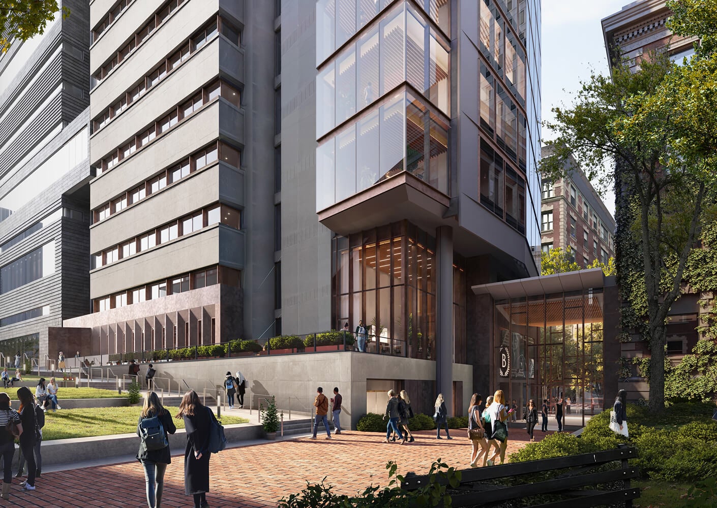 Modern urban campus building with people walking nearby.