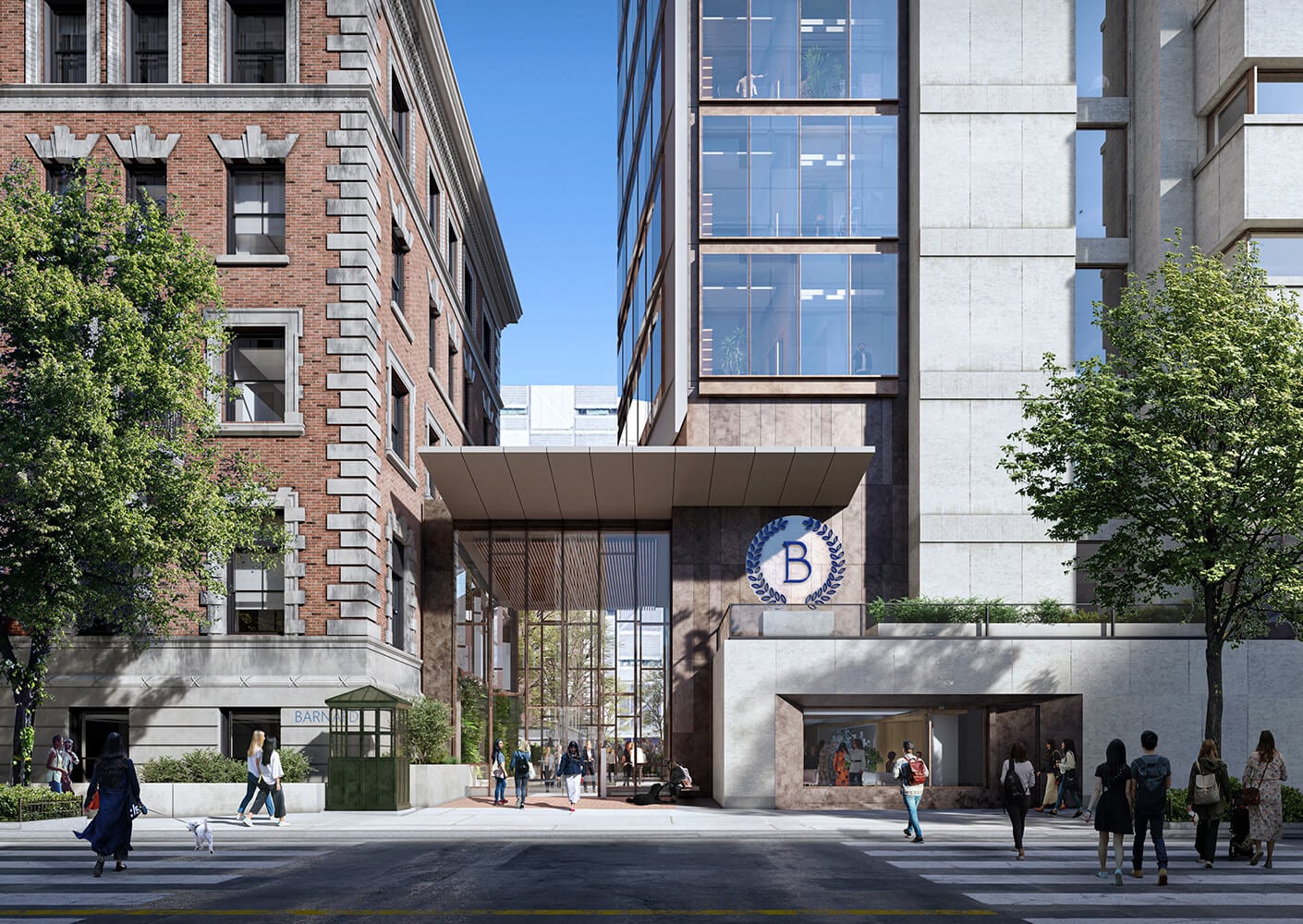 Modern urban building entrance with pedestrians and cityscape.
