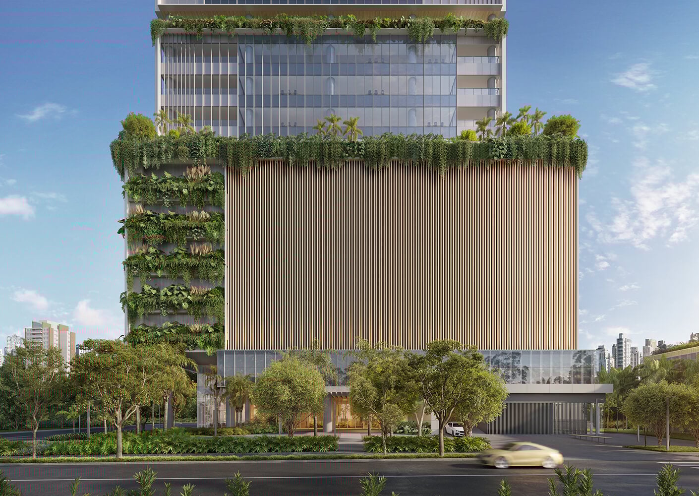 Sustainable building with vertical garden and wooden accents in urban setting.