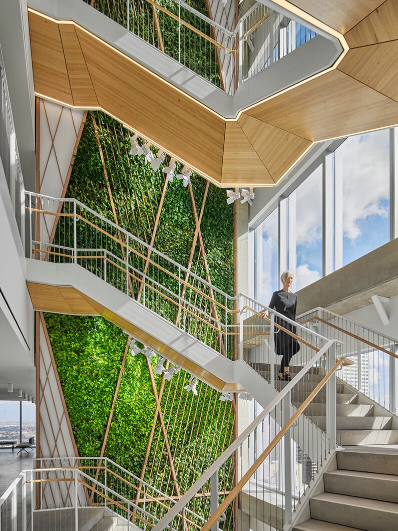 Modern open staircase with green wall and natural light.