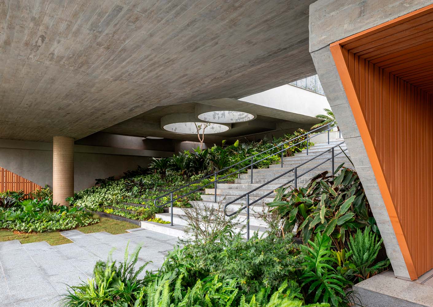Modern architectural design with greenery and concrete stairs.