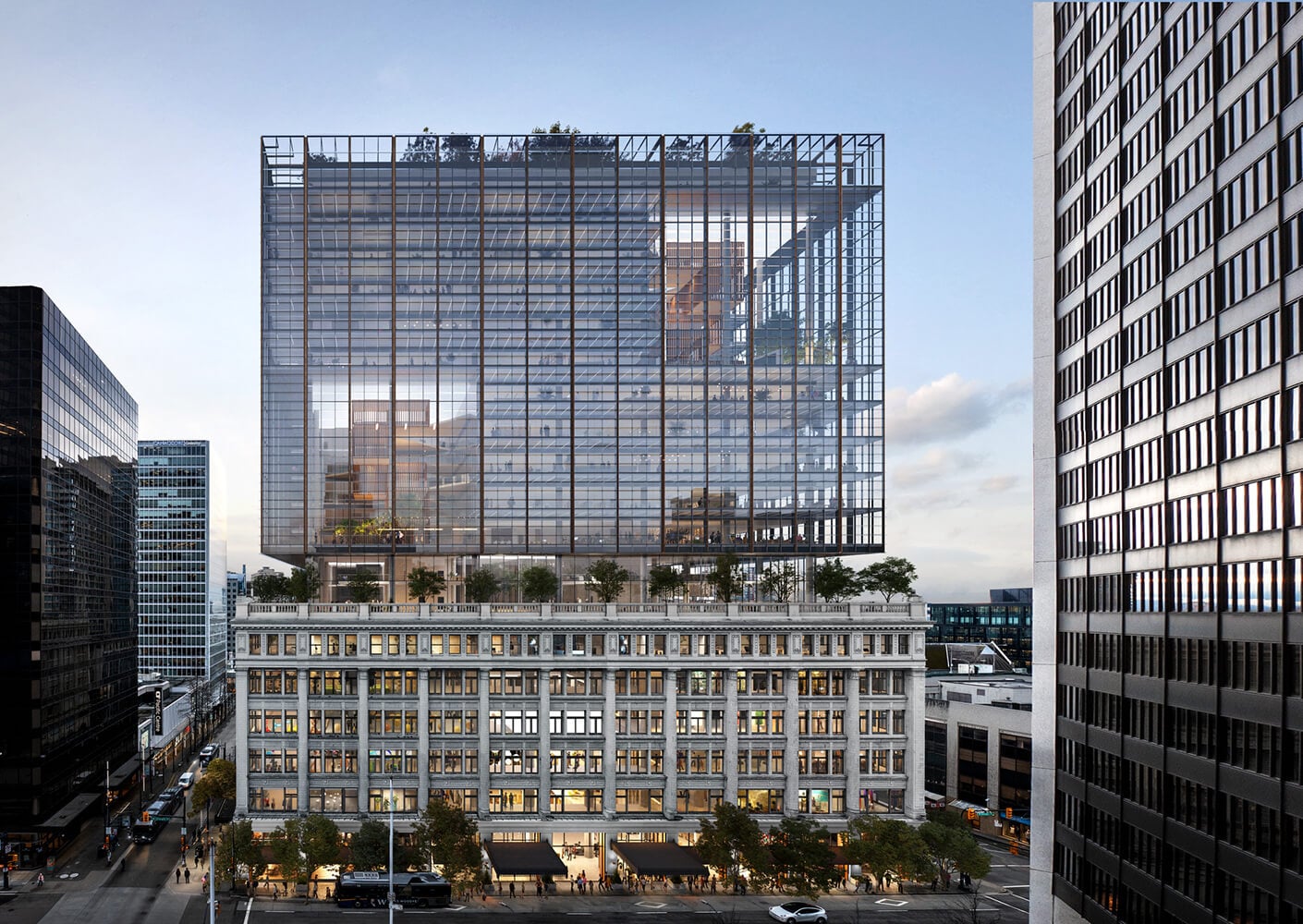 Modern urban skyscraper with glass facade and rooftop greenery.