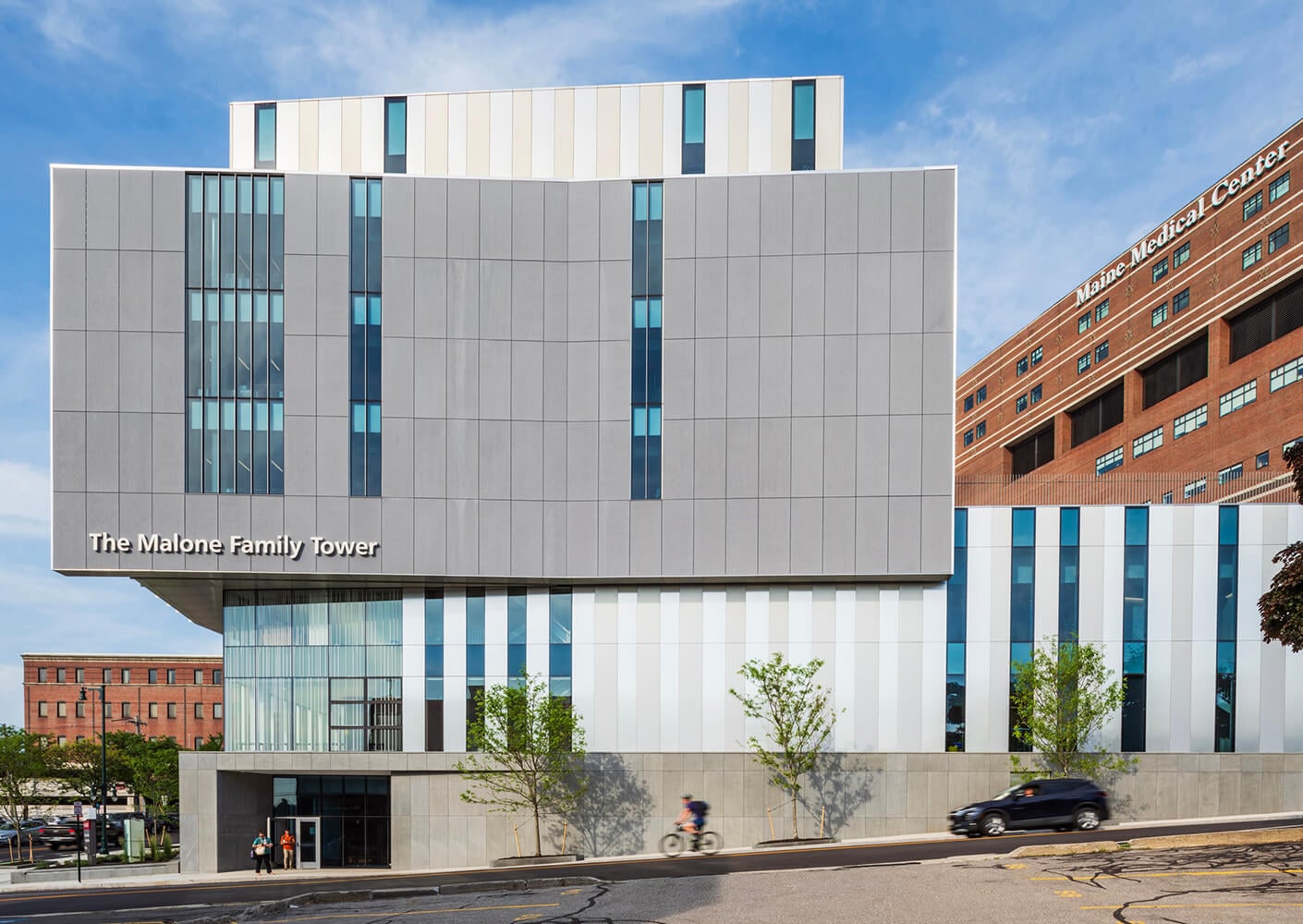 Modern facade of the Malone Family Tower in Portland, Maine.